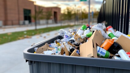 Recyclable trash including cardboard, cans, and bottles overflowing a public bin
