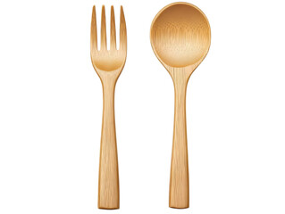 Wooden fork and spoon, crafted from light brown bamboo, displayed vertically isolated on white or transparent png for a minimalist dining setting