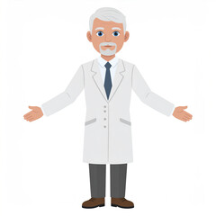 Older man doctor with gray hair and beard wearing white coat and tie standing with open arms welcoming gesture isolated on white background
