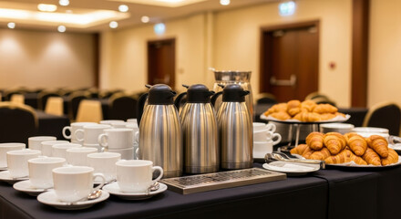 Elegant meeting room prepared for corporate event with coffee station and fresh breakfast pastries arranged on table in modern conference setting