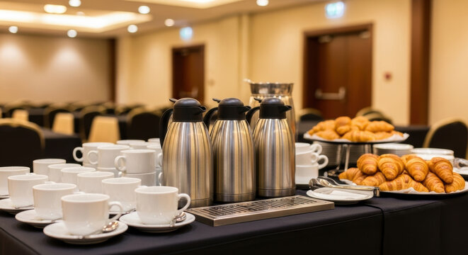 Elegant meeting room prepared for corporate event with coffee station and fresh breakfast pastries arranged on table in modern conference setting