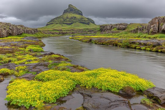 Rocky riverbanks, yellow flowers, dramatic peak