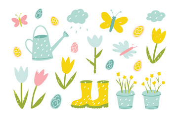 Easter Springtime Garden: A collection of hand-drawn springtime elements comes to life with a vibrant illustration, showcasing elements of nature's renewal and fresh beginnings.