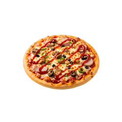 Close-up of a Deliciously Topped Pizza with Meats and Vegetables.