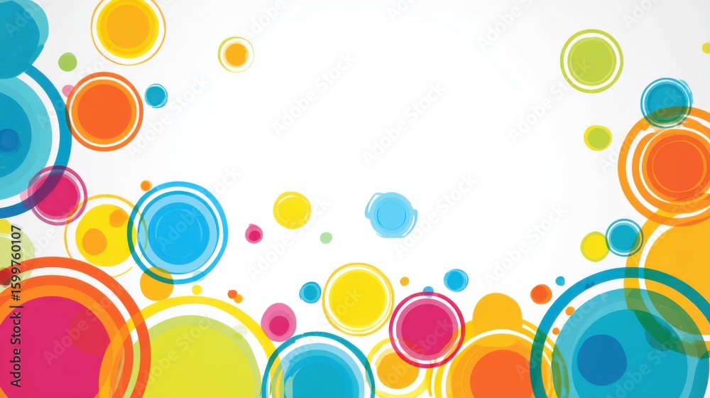 Poster bright circles and colorful dots are arranged artfully, creating a dynamic and cheerful background. 