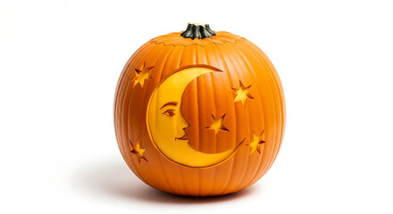 A carved pumpkin with a crescent moon face and stars on a white background for halloween season decor