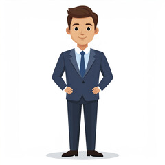 Fototapeta premium Young businessman standing with hands on hips, wearing blue suit and tie, smiling confidently on white background