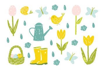 Springtime Garden Elements: A charming illustration of springtime garden elements, including watering can, wellington boots, eggs in basket, tulips, butterfly, bird, flower.