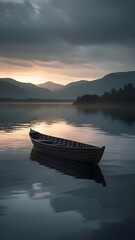 Calm Lake with Rowboat and Mountain Sunset Sky

