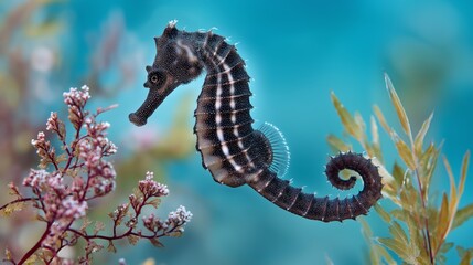 Fototapeta premium Black seahorse gliding near colorful coral and plants in clear tropical water with vibrant marine surroundings and soft natural light, Generative AI
