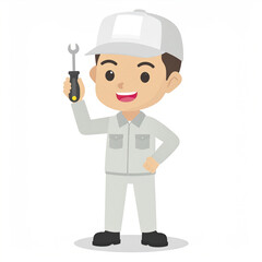 Cartoon mechanic character smiling and holding wrench wearing gray uniform and cap isolated on white background