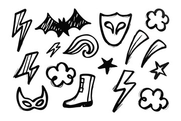 Superhero Doodle Collection: A captivating collection of hand-drawn superhero-themed doodles, showcasing iconic symbols. Perfect for creative projects, illustrations, and designs.
