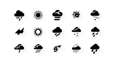 Obraz premium Set of black weather icons showing sun, clouds, rain, thunder, and varied forecast symbols with clean flat design and shadow effects, Generative AI
