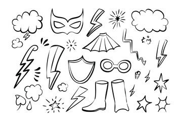 Super Hero Elements: A collection of hand-drawn superhero elements, each with a unique style. Lightning bolts, stars, and a variety of other artistic touches enhance the overall design.  © Ajhar234