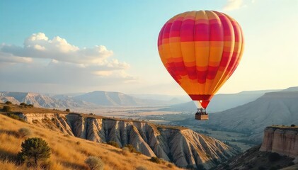 A vibrant, brightly colored hot air balloon ascends above a muted landscape, symbolizing unique individuality and standing out from conformity , one of a kind, stand out, perspective