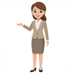 Cheerful businesswoman cartoon character wearing beige suit and skirt, smiling and gesturing with one hand, isolated on white background
