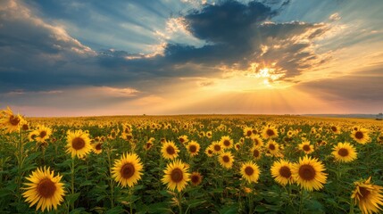 Obraz premium A vast field of sunflowers stretches under a vibrant sunset sky filled with clouds. Sunlight breaks through, creating a stunning display of colors over the blooming flowers.