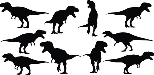 Tyrannosaurus rex dinosaur silhouette collection, black flat vector illustration, cad drawing set, prehistoric animal shape artwork