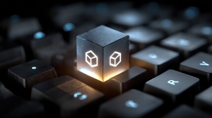 Keyboard displays glowing cybersecurity cube icon, symbolizing encrypted protection, digital privacy, and robust online security for corporate or consumer systems.