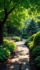 A winding garden path bordered by lush greenery, leading to a tranquil seating area Sunlight filters through the leaves, creating a dappled effect on the stone path , leaves, pathway, bench
