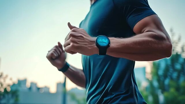 Running fitness watch tracking workout exercise outdoor park cityscape wrist technology health sport cardio activity tracker urban background