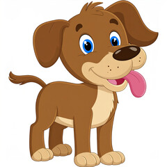 Fototapeta premium Cute cartoon dog with brown fur and blue eyes stands happily with its tongue out, showing playful and friendly expression on white background