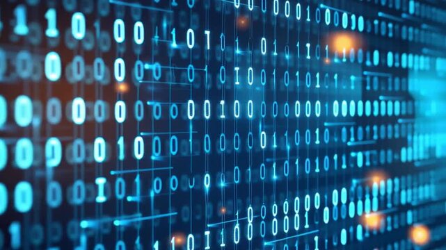 Binary code data stream with glowing blue digits and orange light spots creating dynamic futuristic digital technology atmosphere