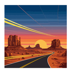 Winding Road through Monument Valley at Sunset Illustration
