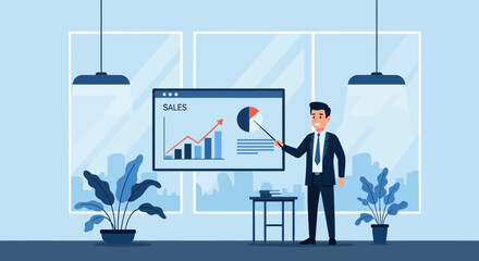 Obraz premium Professional Businessman Presenting Positive Financial Sales Chart In An Office