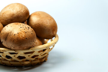 Close-up of ripe royal brown mushrooms overflowing a small woven basket, set against a clean white backdrop