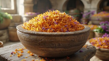 Dried Orange and Purple Petals in a Rustic Wooden Bowl