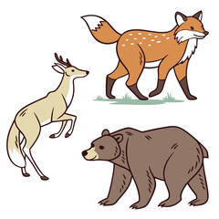 Forest Friends: A charming illustration showcases a trio of woodland animals: a leaping deer, a sly fox, and a sturdy bear.  