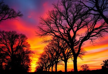 Fototapeta premium Silhouetted trees stand tall against a vibrant sunset sky, branches reaching towards the fiery hues, ecology, silhouette