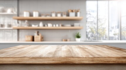 A wooden countertop spans the foreground of a contemporary kitchen, illuminated by natural light from large windows. Shelves in the background display kitchen items and decorative plants.