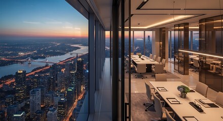Obraz premium Modern office interior with panoramic sunset city views at twilight hour