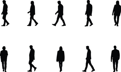 Silhouette people walking standing, business casual posture, flat vector illustration, isolated on white background, minimal black human character set