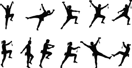 Silhouette of rock climbers in dynamic action poses, vector illustration, outdoor adventure, extreme sports, mountain climbing, isolated set