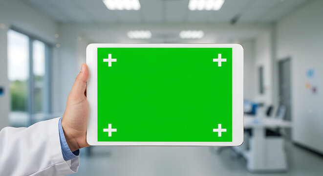 Doctor holding tablet with green screen in modern hospital. - Powered by Adobe