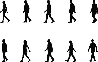 Silhouette people walking vector, flat design, cad drawing style, black and white illustration for animation, graphic, and motion design