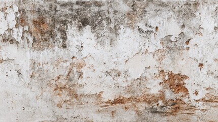 Fototapeta premium A close-up view reveals a weathered wall in an abandoned building, featuring peeling paint, cracks, and stains over a rough surface under natural light.