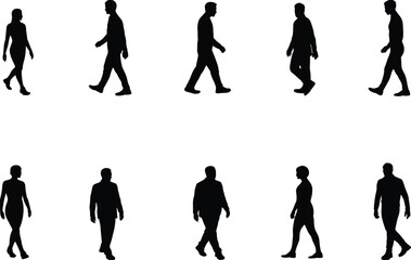 Silhouette people walking vector, flat cad drawing, black and white design, human figure outline for animation and motion graphics