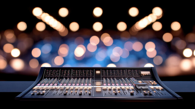 Professional audio mixing console with illuminated controls, set against blurred background of stage lights, creating vibrant atmosphere for live performances - Powered by Adobe