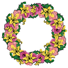 circle of pink and yellow flowers