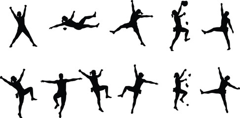 Silhouettes of active people jumping, climbing, juggling in motion, sports and fitness concept vector illustration for design and animation projects