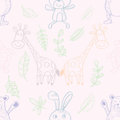 Seamless pattern with cute animals and leaves. Vector illustration.