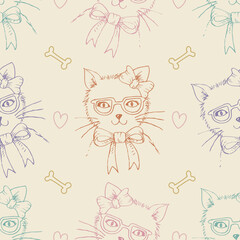 Seamless pattern with cute cats in glasses and bow tie. Vector illustration.
