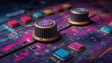 Vintage audio mixer with colorful knobs and buttons, showcasing worn and textured surface. vibrant colors and aged appearance evoke sense of nostalgia and creativity