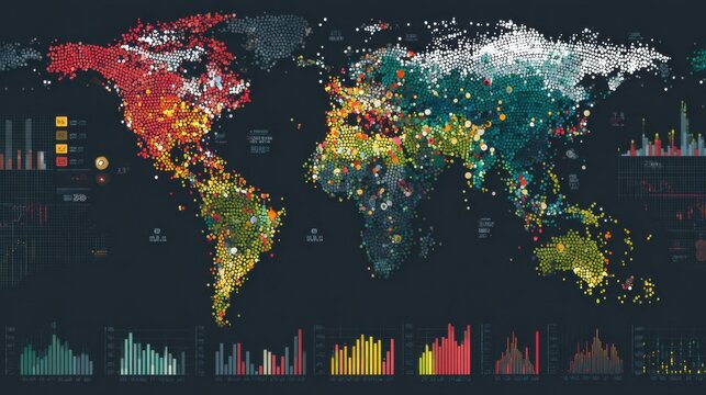 Global map with economic indicators represented by colorful markers and graphs