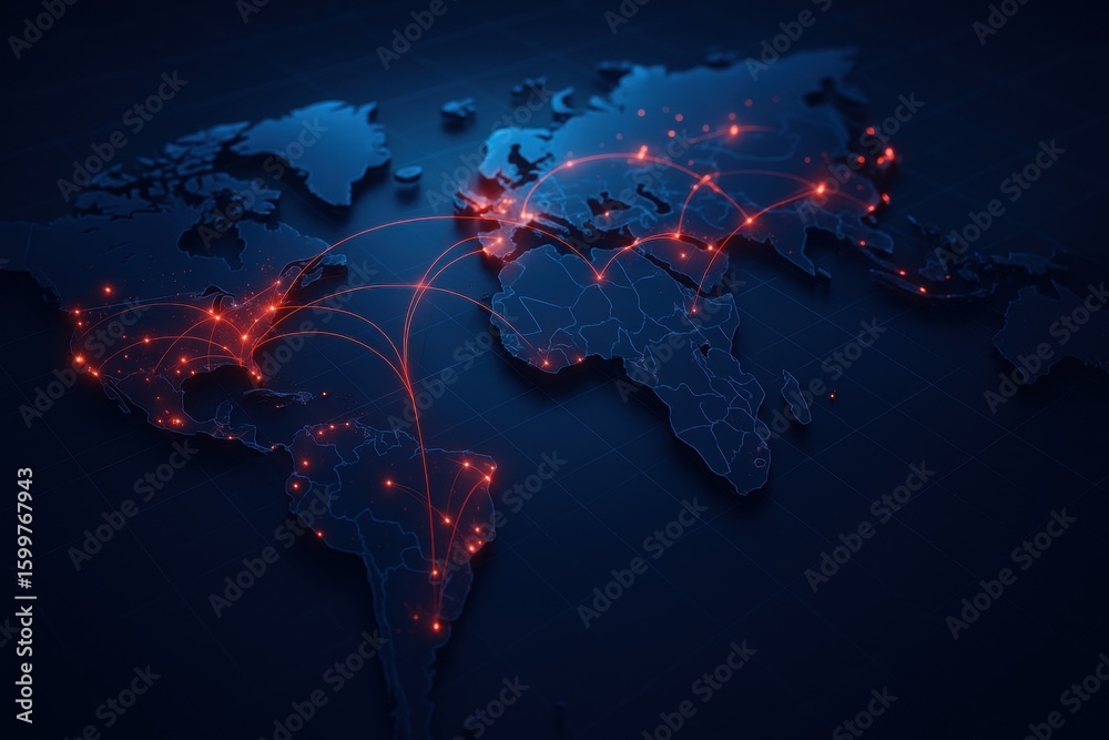 Poster global network: an abstract depiction of interconnectedness, showcasing the world map with luminous 