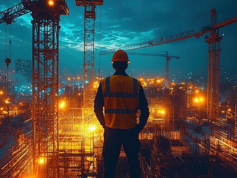 Construction Site at Night with Worker in High-Visibility Vest and Cranes